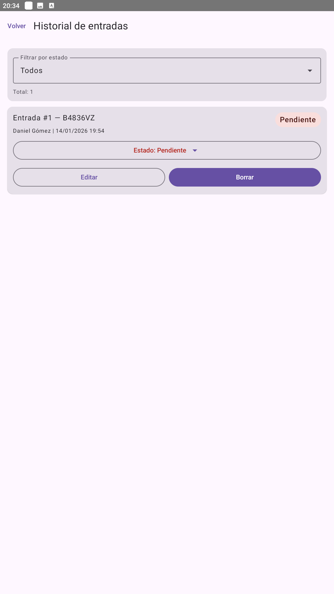 Screen2 Entrada Taller – App de gestión de entradas y partes de taller
